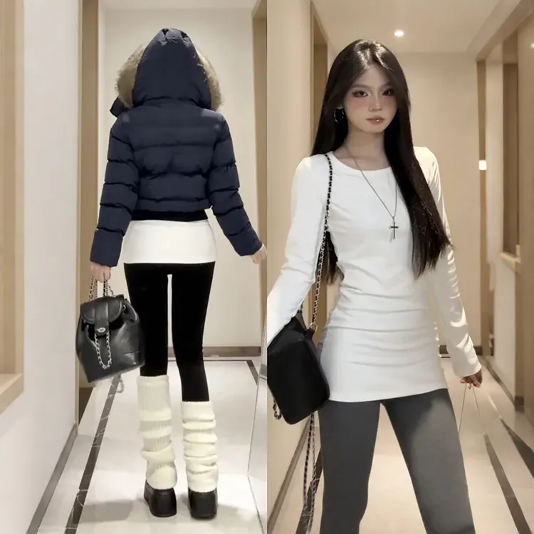 白色中长内搭打底衫女款2025新款秋冬季薄上衣韩系早秋氛围感穿搭