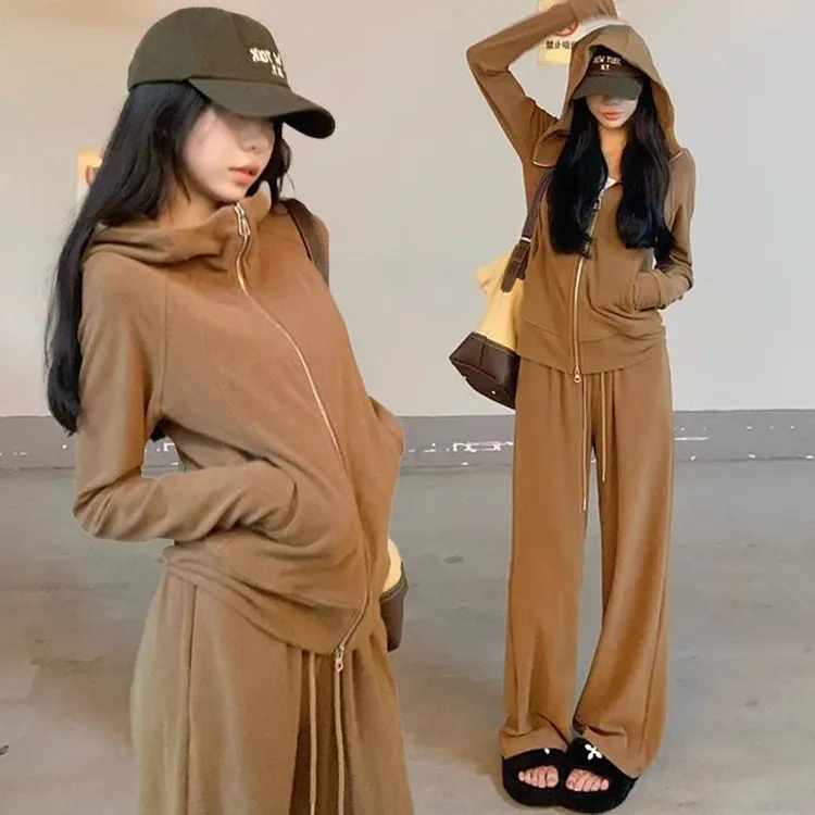 休闲运动服套装女春秋新款减龄双拉链连帽卫衣高腰阔腿裤两件套潮