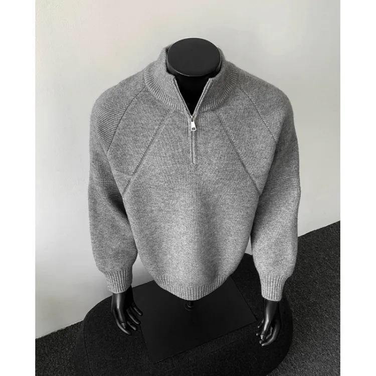秋冬季新款半拉链立领套头针织衫上衣男款高街韩系简约百搭毛衣潮