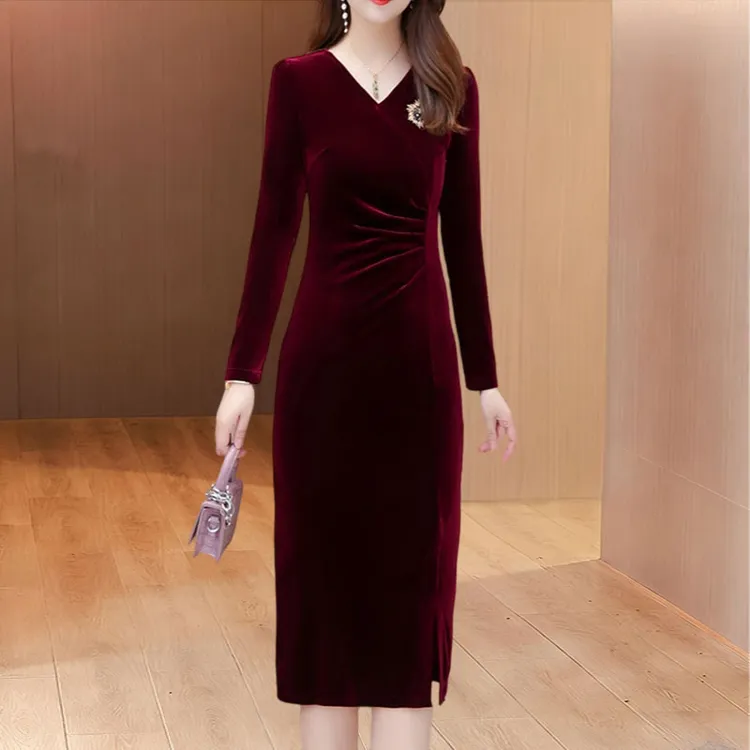 高端喜婆婆婚宴装礼服金丝绒高档长袖连衣裙女春秋款高贵洋气妈妈