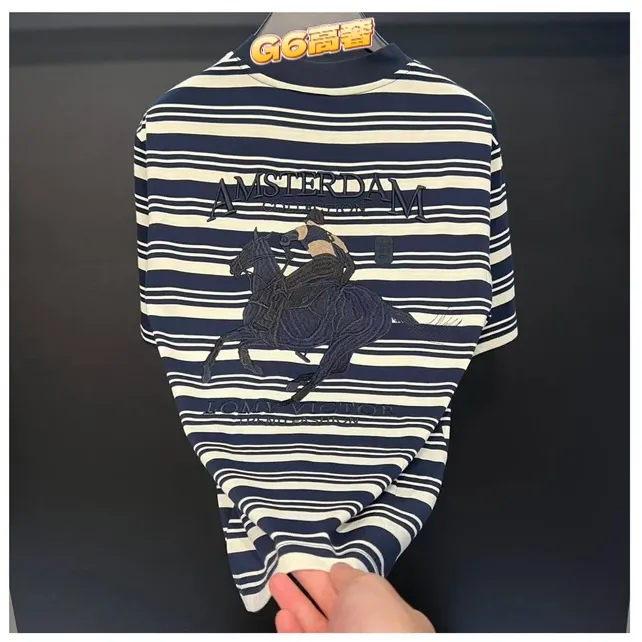 大马标欧货2025夏季上衣修身圆领T刺绣时尚男士短袖百搭条纹半袖