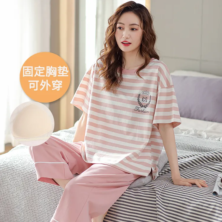 啄木鸟带胸垫居家睡衣女夏季女款纯棉新款大码洋气女士短袖睡衣