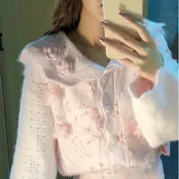 艾日秀温柔风纯色小众立体花朵蕾丝拼接百搭上衣+半身裙套装G0693