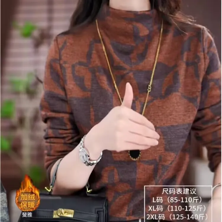 秋冬洋气高领上衣时尚加绒显瘦加厚长袖新款保暖气质打底T恤妈妈