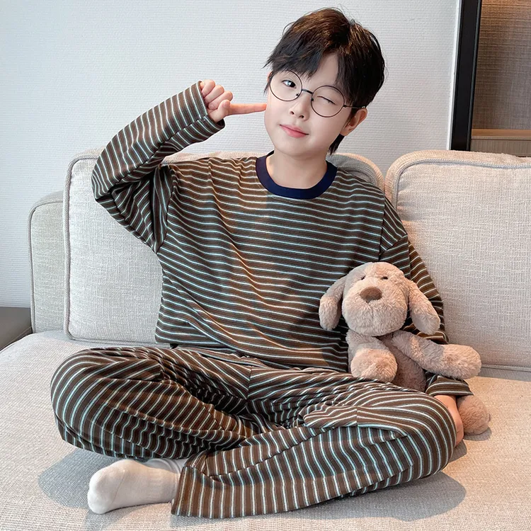 儿童装男童春秋款条纹家居服中大童韩版睡衣套装秋冬德绒保暖宽松