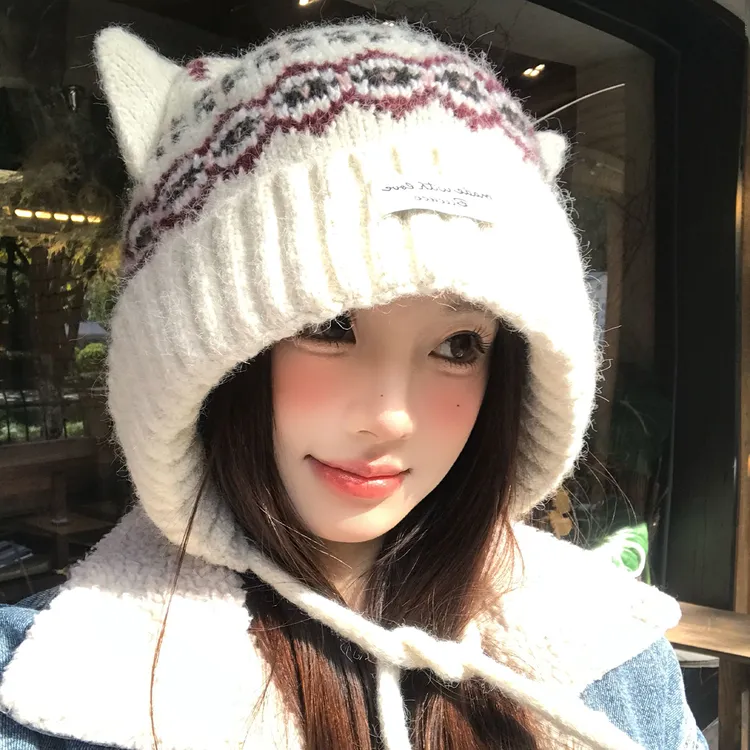 费尔岛可爱猫耳朵毛线帽女冬季加厚保暖包头帽子显脸小护耳针织帽