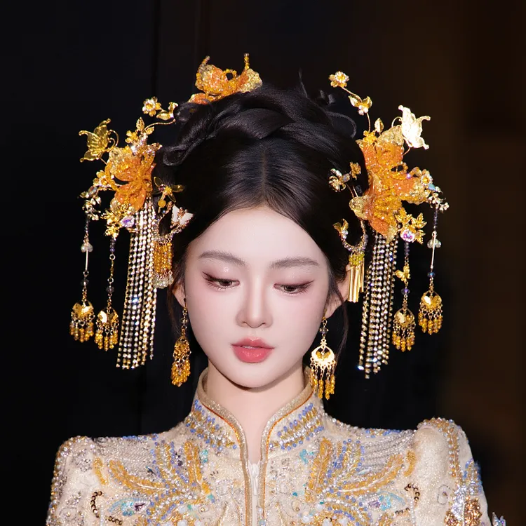 合金硅胶婚庆饰品 新娘发饰中式秀禾婚礼高级凝胶花流苏发饰D0673