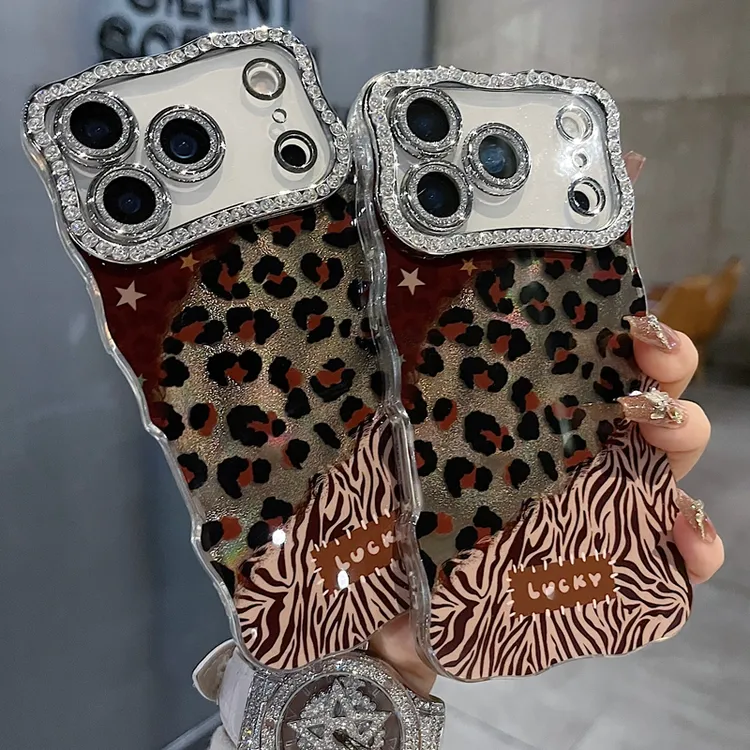 适用苹果系列iPhone17新款手机壳不规则斑马豹纹全包满钻精孔镜框