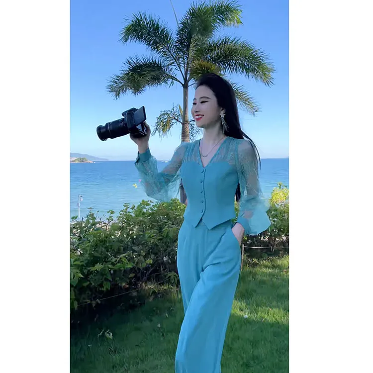 格润雅新款显瘦女神范两件套拼接v领蕾丝长袖衬衫垂感阔腿裤套装