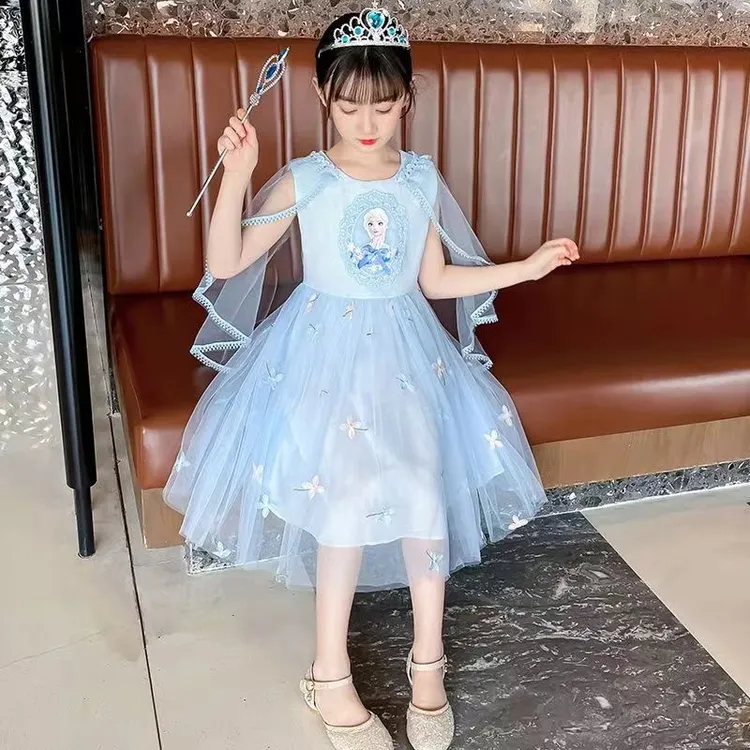 女童爱莎连衣裙夏季儿童披肩公主裙蓬蓬网纱裙中大童艾莎裙子超仙