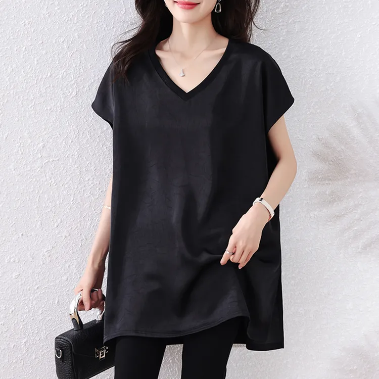 黑色醋酸缎面短袖T恤女中长款上衣2025夏装新款大码宽松遮肚体恤