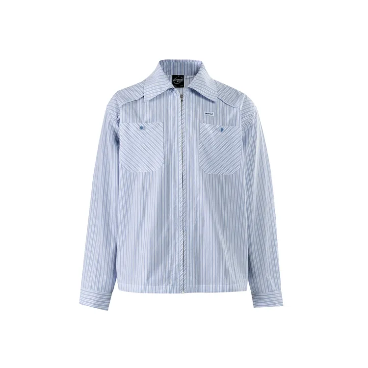 25秋季新款淡蓝条纹衬衫简约男子时尚春季拉链款休闲百搭设计款