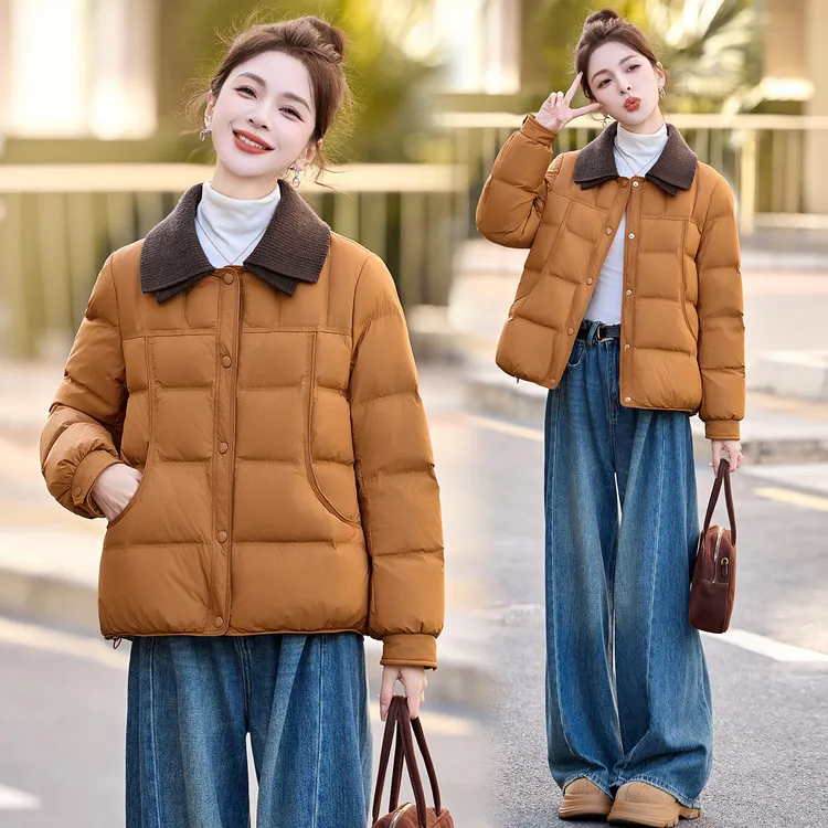 设计感拼色双层领羽绒服女2025冬季新款时髦洋气加厚保暖短款外套