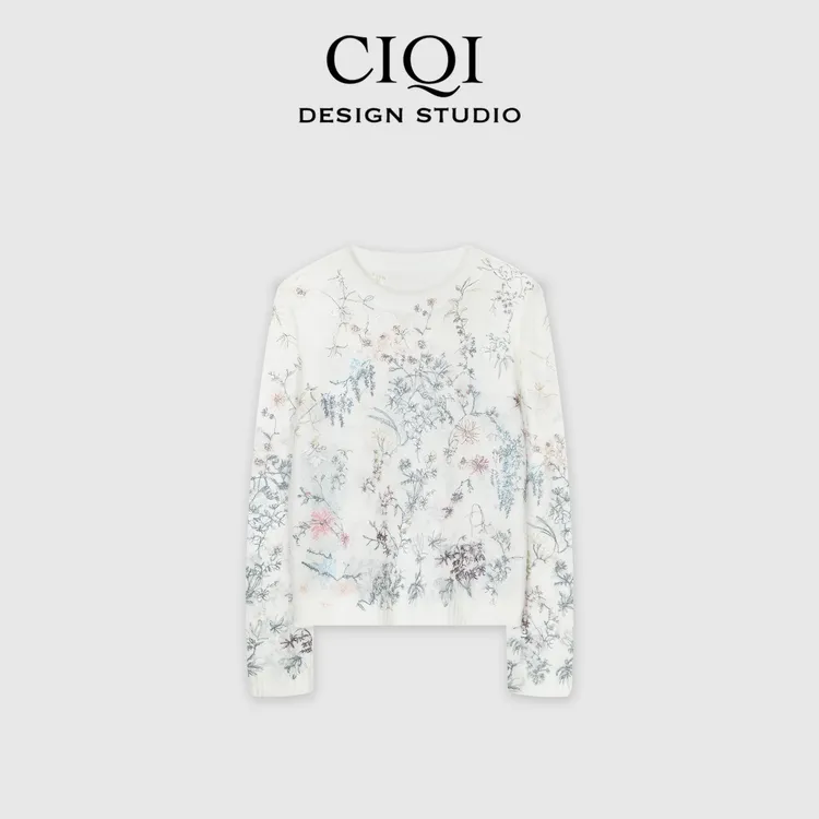 CIQI STUDIO【莫奈花园】重工刺绣羊驼羊毛长袖圆领针织衫DY25904