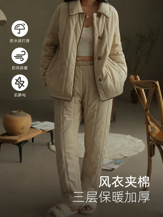 冬季三层夹棉家居服套装可外穿大码复古撞色睡衣棉服加厚显瘦高级