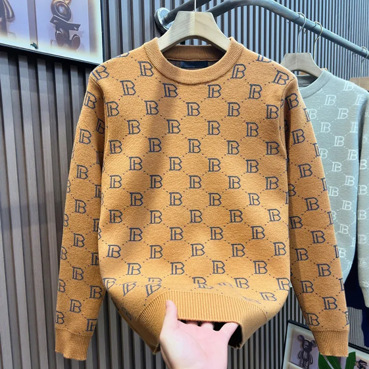 潮牌高级感时尚提花针织衫男士秋冬季高端毛衣保暖内搭打底衫上衣