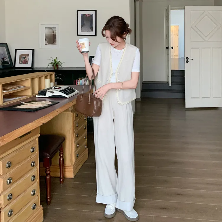 韩系氛围感套装裤女2025夏季新款松弛感极简风穿搭马甲T恤阔腿裤