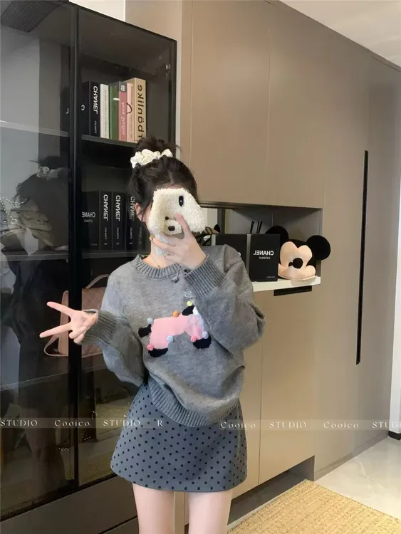 STUDIO提花慵懒风宽松狗毛针织衫时尚网红休闲牛仔上衣针织衫