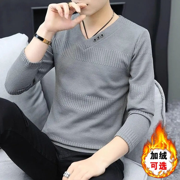 长袖T恤男士V领薄款春秋季2025新款体恤针织衫秋装上衣内搭打底衫