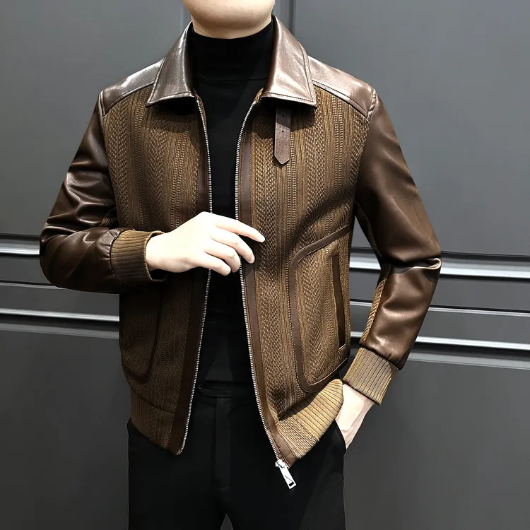 针织拼接男士皮衣外套秋冬季痞帅老钱风男装防风保暖男款机车夹克
