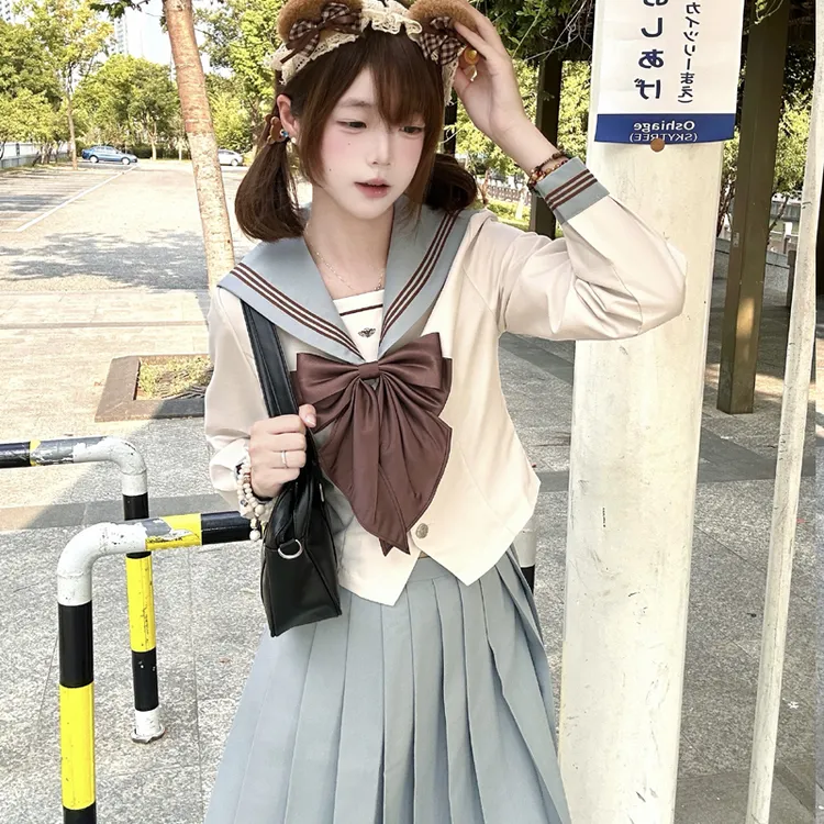 小瑾家原创薄荷奶绿水手服55CM中长裙优等生JK制服春秋长袖中间服