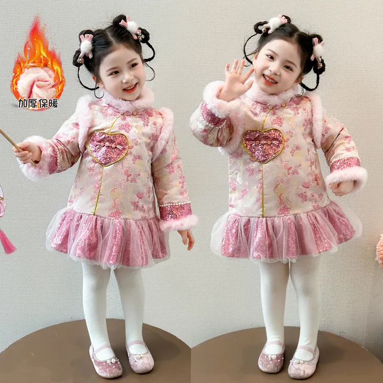 女童加厚公主裙秋冬季2025新款儿童加绒宝宝秋装国风新中式连衣裙