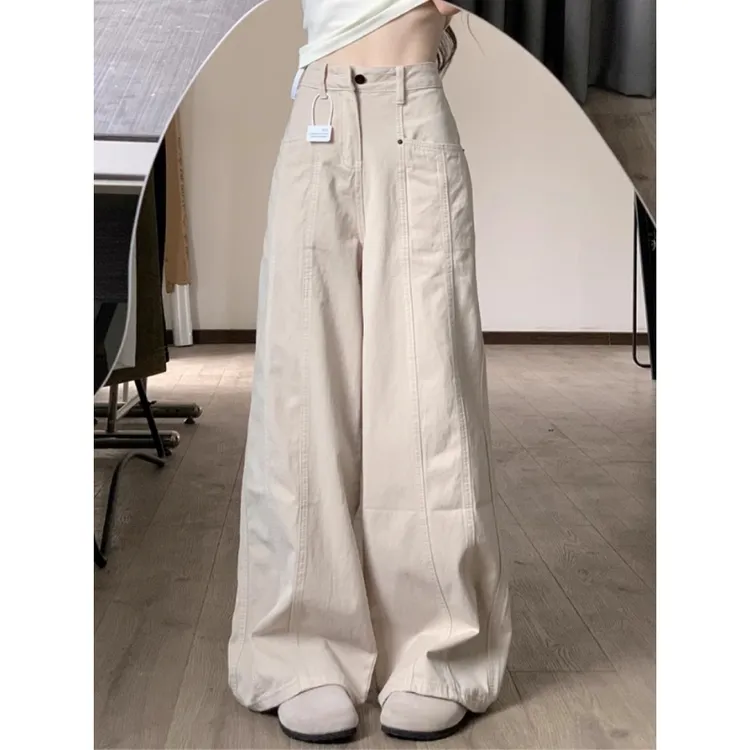 杏色工装牛仔裤女夏季慵懒松弛感高腰直筒显瘦弯刀镰刀阔腿长裤子