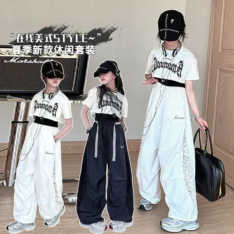 女童夏季套装2025新款洋气时髦上衣女孩百搭街舞潮酷休闲裤两件套