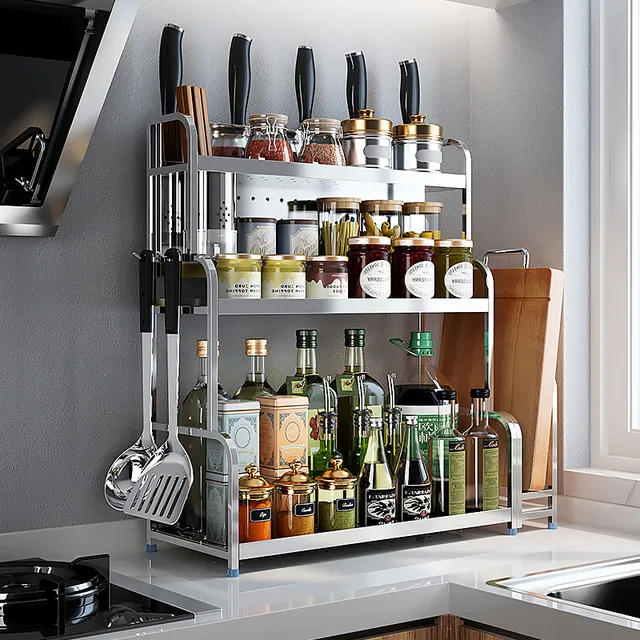 304不锈钢厨房置物架落地桌面多层调味料架储物壁挂用品收纳刀架