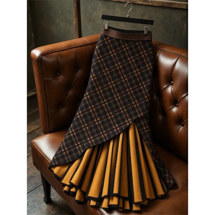 时尚复古洋气格纹毛呢半身裙女装2025新款高腰百搭中长款A字裙潮