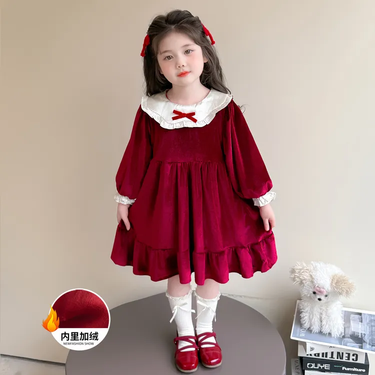 女童连衣裙秋冬圣诞高定加绒娃娃领过年女孩公主新年金丝绒礼服裙