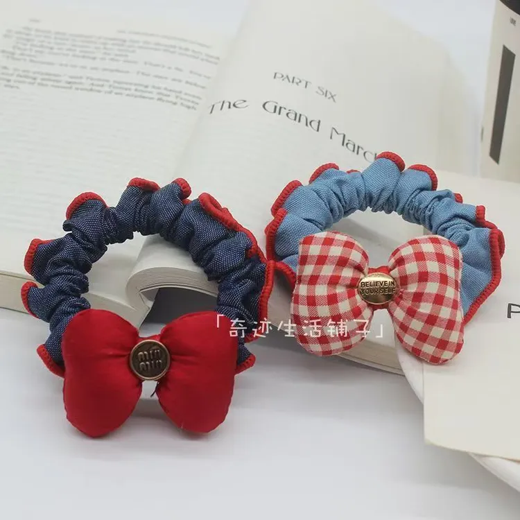 在逃公主~韩版甜美红边牛仔蝴蝶结小肠发圈时尚复古发绳头绳发饰