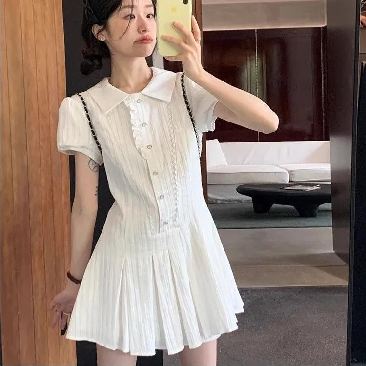 学院风衬衫连衣裙女夏季收腰小个子设计感翻领泡泡袖短