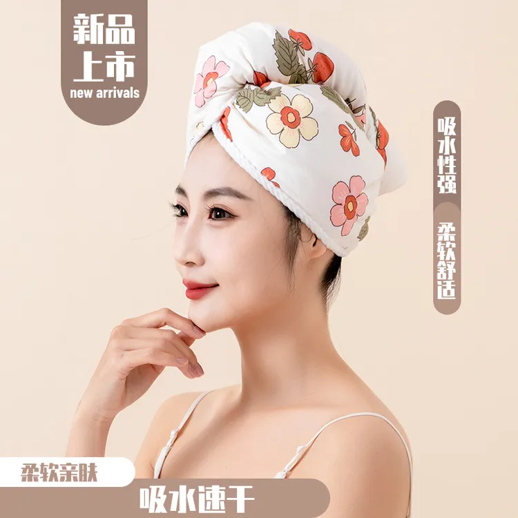 粉色花卉纯棉花卉干发帽女双层加厚速干包头毛巾擦洗头发浴帽神器