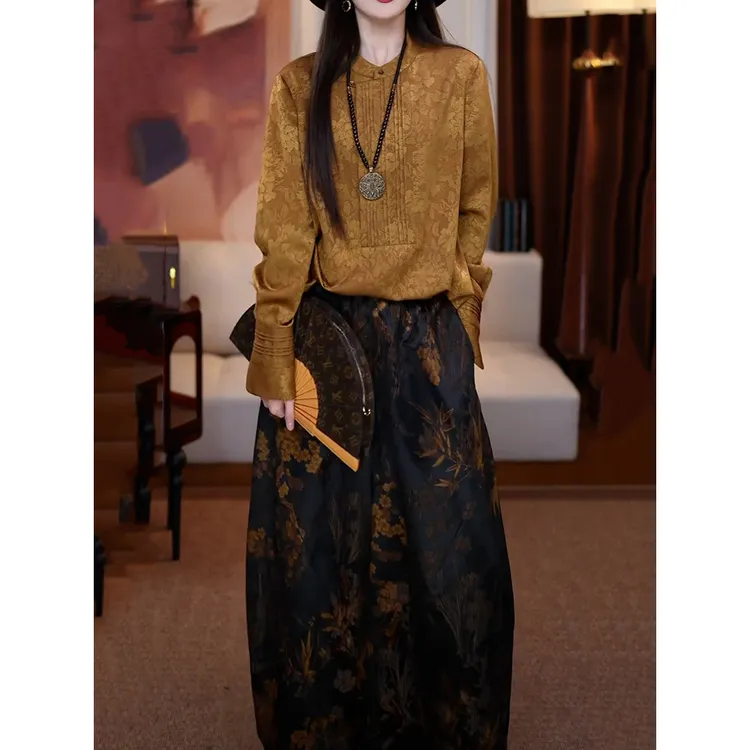 复古文艺风轻奢裤套装女2025秋季新款高级感提花长袖衬衫+阔腿裤
