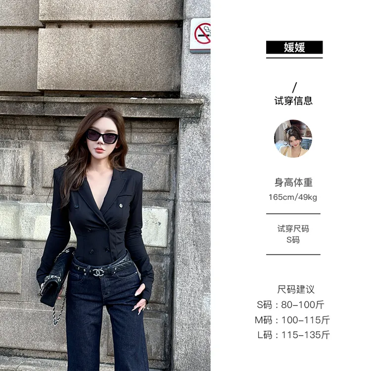 媛媛【与众不同】秋季黑色双排扣弹力修身连体显瘦外套上衣女#W0936