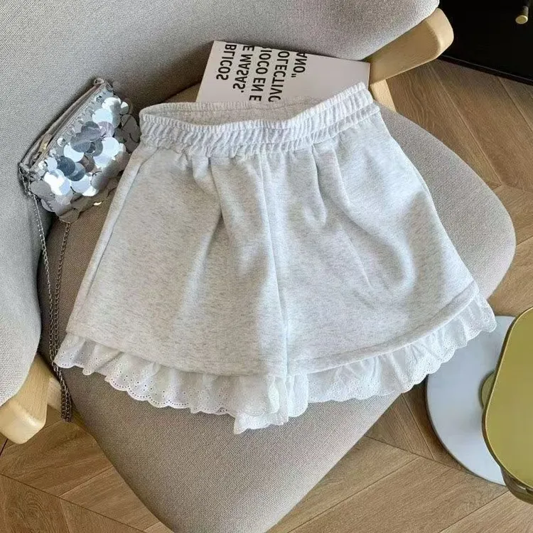女童夏季蕾丝花边拼接运动休闲短裤中大童女孩洋气百搭宽松阔腿裤
