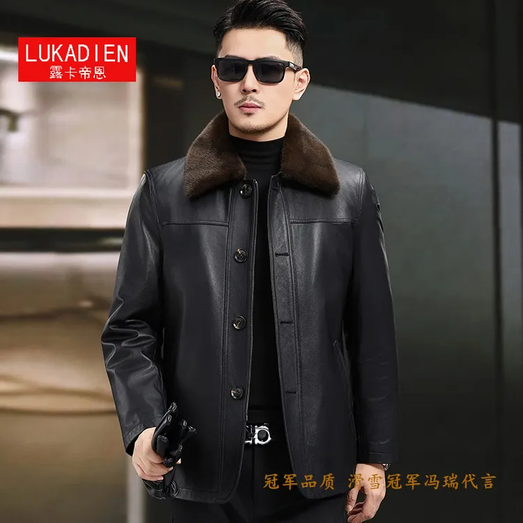 冬季海宁头层牛皮真皮皮衣男士中老年翻领皮夹克加绒内胆皮草外套