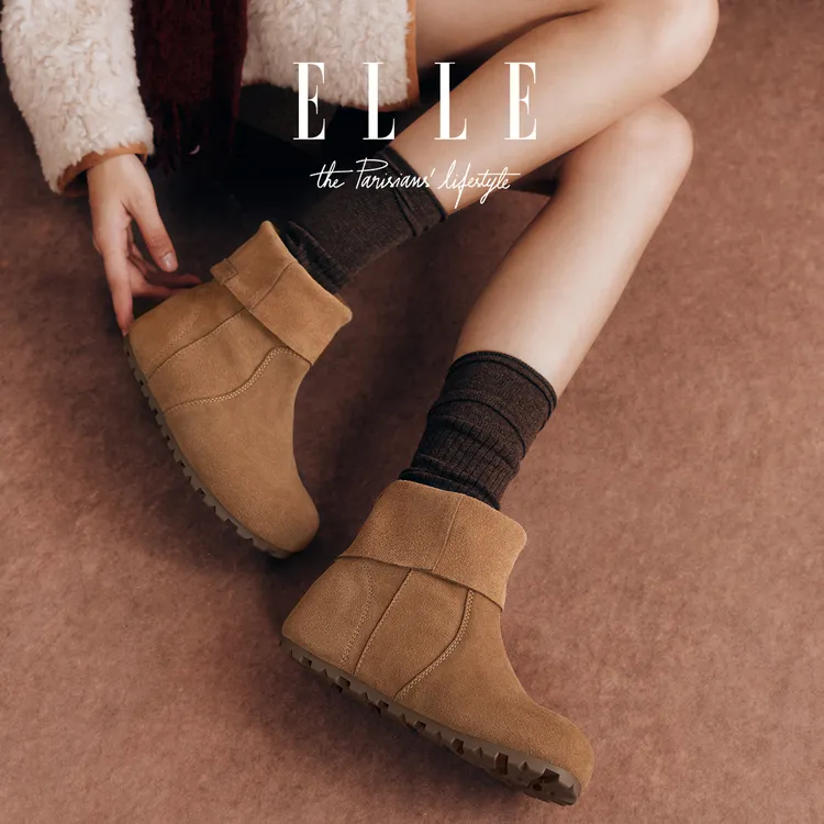 ELLE雪地棉靴女大头丑萌面包鞋翻领两穿博肯鞋复古加绒平底短靴子
