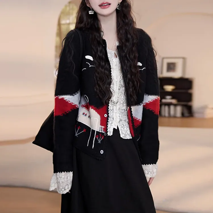 气质甜美拼色设计感长袖针织衫女生2025秋季新款温柔显瘦休闲开衫