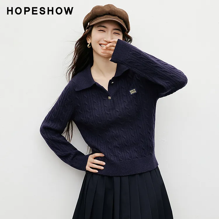 红袖2025冬季新款女装 MIU系复古绞花刺绣翻领针织衫90125330109