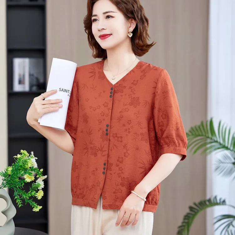 时尚妈妈夏装气质麻棉衬衫中老年女士中袖显瘦大码休闲洋气小衫