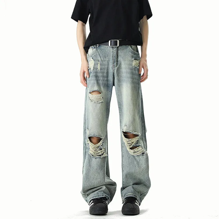复古蓝大破洞牛仔裤男款夏季复古水洗微喇裤子美式高街直筒乞丐裤