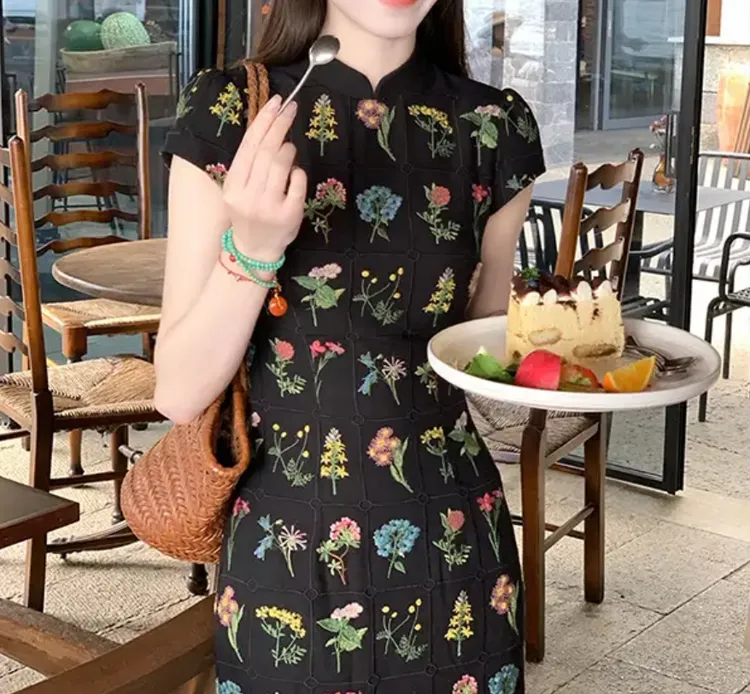 【花朝 黑】国风新中式藏肉显瘦优雅长裙气质温婉高级旗袍连衣裙