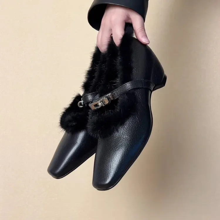 Elingjk/5cm（含内增4）法式方头粗跟羊皮百搭女气质女鞋浅口单鞋