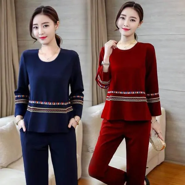 跨境秋冬季大码女装时尚运动套装女长袖T恤上衣休闲直筒裤两件套