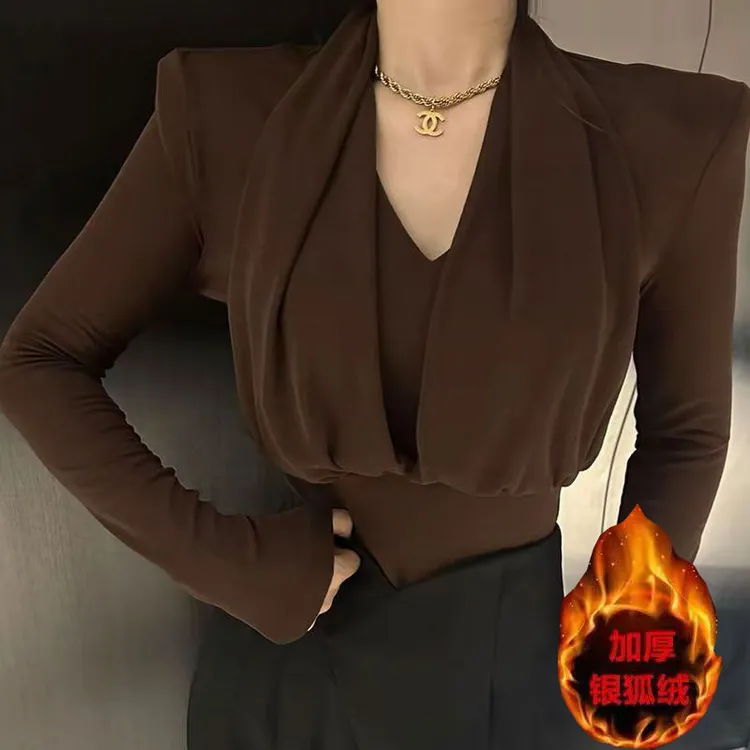 秋冬款加绒加厚修身保暖打底衫女挂脖设计感气质百搭V领长袖t恤女