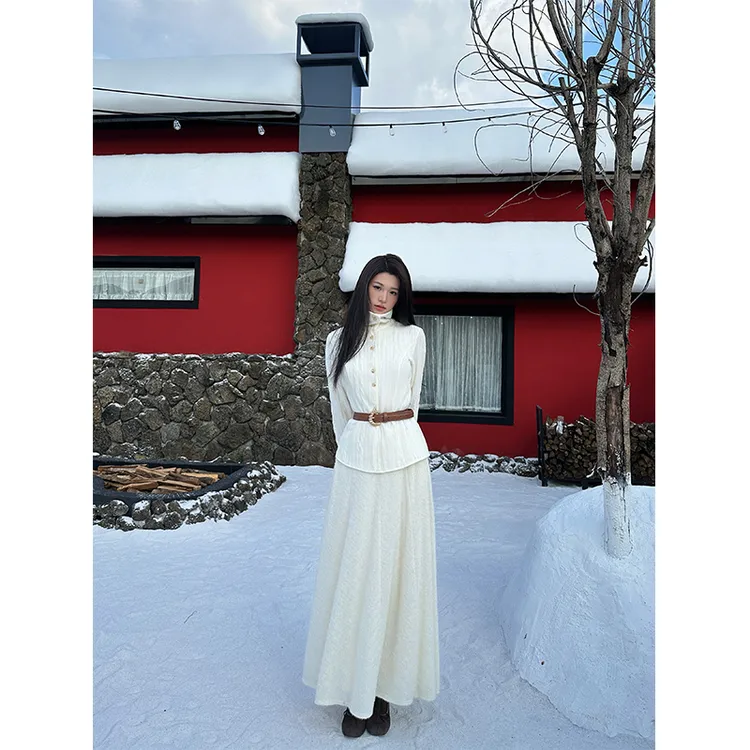 六指导 邂逅优雅 法式复古肌理感衬衫女秋弹力显瘦大摆半身裙套装