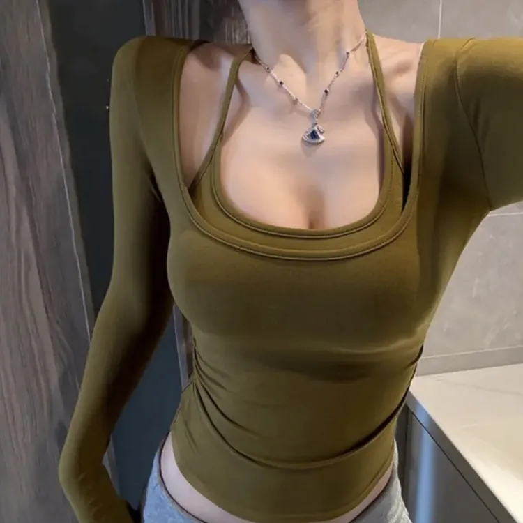 2025秋冬新款纯欲辣妹假两件挂脖长袖内搭打底衫修身显瘦短上衣