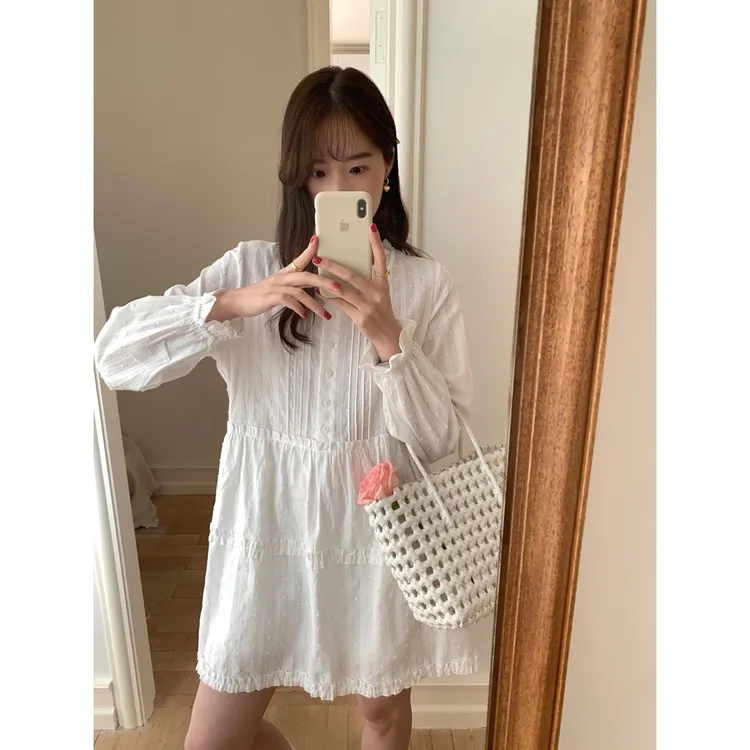 实拍韩系减龄甜美木耳褶皱花边领高腰娃娃连衣裙现货韩版设计感